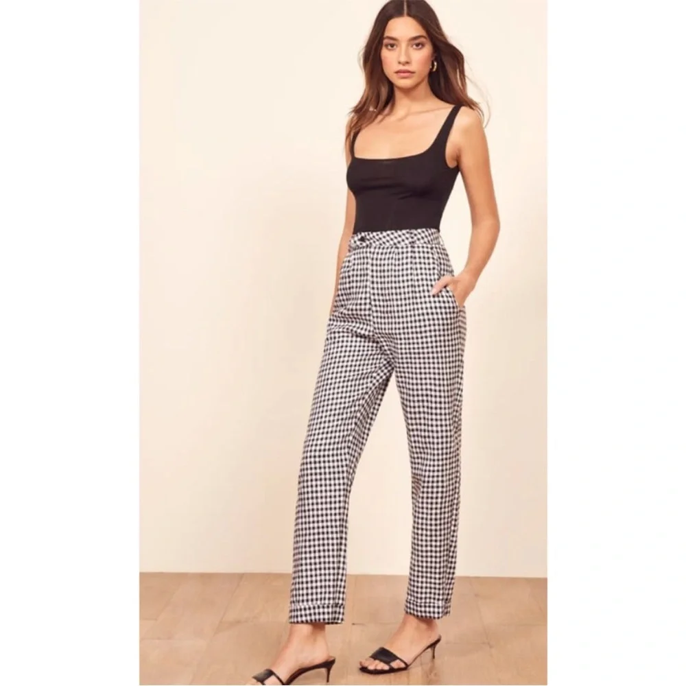 NWT Reformation Tanner April Black White Checkered 100% Linen Pant Size 4